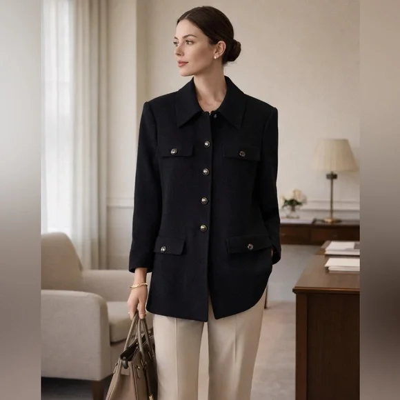 St. John Black Knit Long Tunic Cardigan Jacket Logo Button Size Medium - Picture 1 of 6